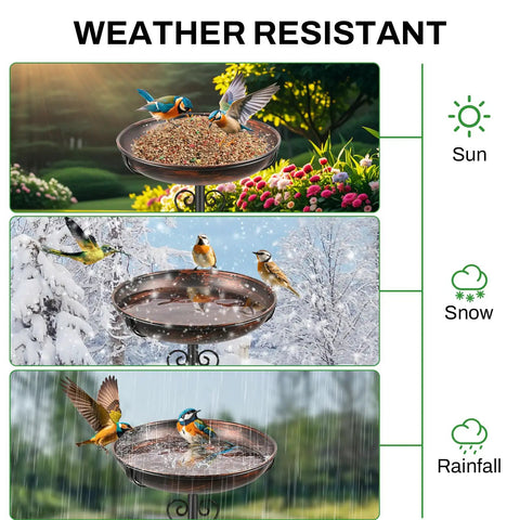 Vintage Bronze Metal Bird Bath And Feeder Bowl For Outdoors With Upgraded Five Prong Base And Taller Support Rod in all weather