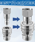 Stainless Steel Pressure Washer Swivel Adapter 360 Degree Quick Connect From M22 14mm To Three Eighth Inch For High Pressure Hoses Up To 5000 PSI Anti Tangle Design Heavy Duty Quick Disconnect Pack Of Four, displayed in various connection positions.