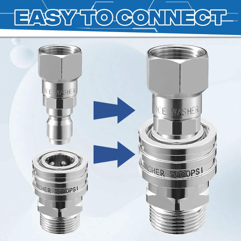 Stainless Steel Pressure Washer Swivel Adapter 360 Degree Quick Connect From M22 14mm To Three Eighth Inch For High Pressure Hoses Up To 5000 PSI Anti Tangle Design Heavy Duty Quick Disconnect Pack Of Four, displayed in various connection positions.