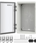 Rugged IP67 Waterproof ABS Plastic Junction Box Electrical Enclosure With Hinged Clear Cover Dustproof Outdoor Case Stainless Steel Buckle Mounting Plate Cable Gland 11.4 By 7.5 By 5.5 Inches open with accessories