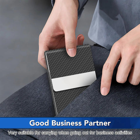 Person placing Slim Metal Business Card Holder with RFID Blocking PU Leather Case for Women or Men, Boss Vibe Black Carbon into pocket.