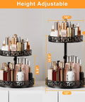 Two black metal two-tier Lazy Susan turntables, 12-inch diameter, height-adjustable; rotates for cosmetics and spices.