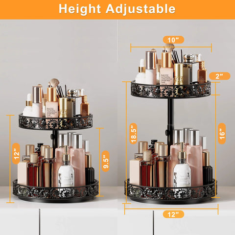 Two black metal two-tier Lazy Susan turntables, 12-inch diameter, height-adjustable; rotates for cosmetics and spices.