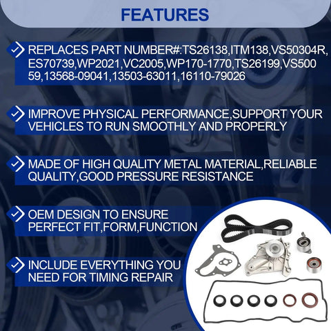 Toyota All-In-One Timing Belt Kit With Water Pump And Gaskets For 1987-2001 Camry Celica MR2 Solara RAV4 features displayed