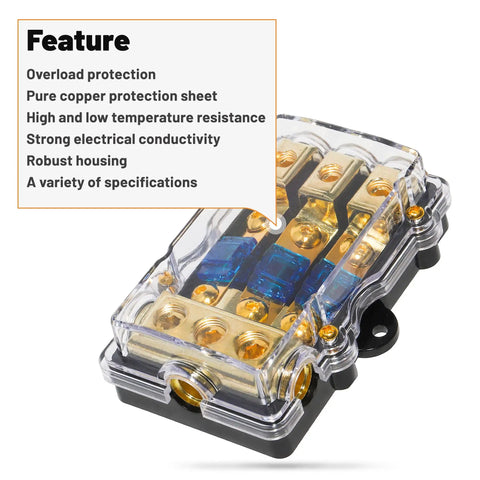 Heavy Duty ANL Fuse Holder 60 Amp 3 Way Wiring Distribution Block with clear housing and copper connections for car audio.