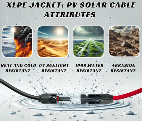 Heavy Duty 10 AWG PV Solar Extension Cable Pair, 15 Ft Black And 15 Ft Red, UL4703 600V, Pure Copper Conductors