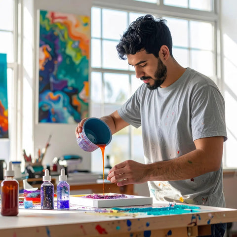 Artist using 5 Quart Plastic Mixing Cups Set, 12 Pack for paint on canvas in studio, showcasing disposable or reusable use
