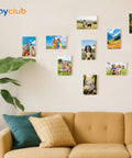 Wall display of Dope 20 Pack 4x6 Inch Aluminum Sublimation Photo Blanks for DIY decor in a cozy living room above a beige sofa.