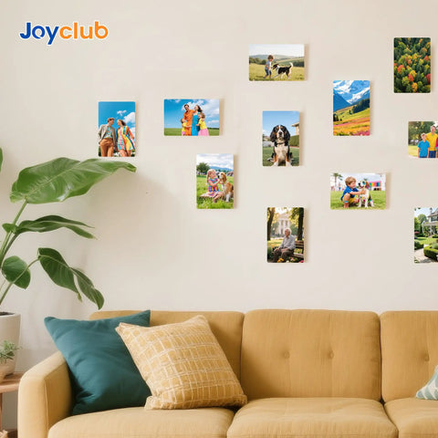 Wall display of Dope 20 Pack 4x6 Inch Aluminum Sublimation Photo Blanks for DIY decor in a cozy living room above a beige sofa.