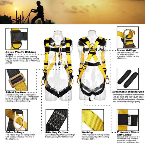 3D Ring Full Body Fall Protection Safety Harness For Job Sites, ANSI/ASSE Z359.11-2021 Compliant features and components