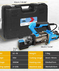 1000W Electric Hydraulic Rebar Cutter Slays 5/8 Inch Steel Bar Fast With Replaceable Jaw Blades in carrying case with dimensions displayed.