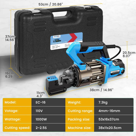 1000W Electric Hydraulic Rebar Cutter Slays 5/8 Inch Steel Bar Fast With Replaceable Jaw Blades in carrying case with dimensions displayed.