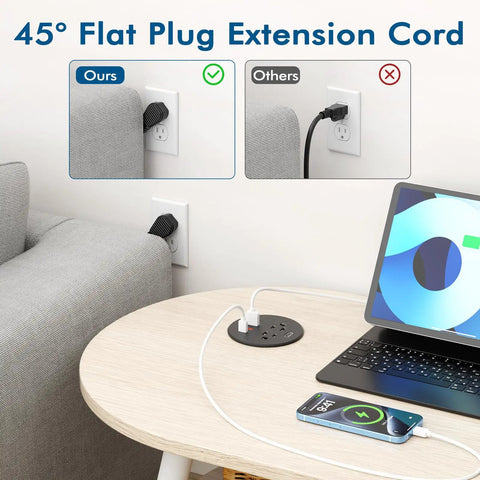 45° Flat Plug Extension Cord comparison with desk setup featuring 3 Inch Desk Power Grommet With 35W Usb C Fast Charging.