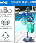 Premium Free Standing Poolside Towel Rack With Water Weighted Base near a swimming pool, showcasing secure clips and three-arm design.