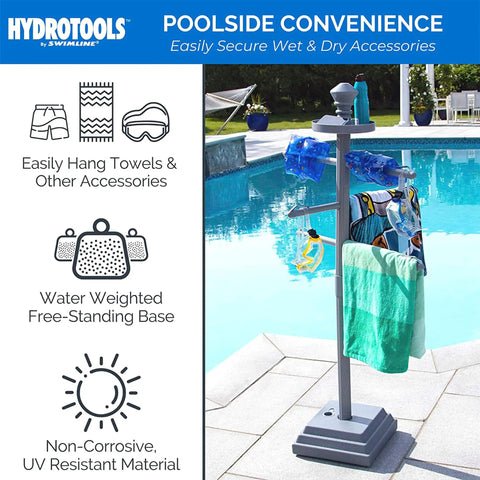 Premium Free Standing Poolside Towel Rack With Water Weighted Base near a swimming pool, showcasing secure clips and three-arm design.
