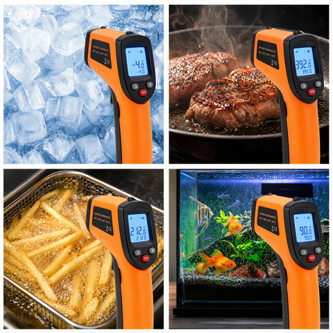 Non Contact Infrared Thermometer Gun For Cooking And BBQ With Backlight - Laser Temperature Gun For Grilling, Pizza Oven, And Smoker, Reads -58F To 712F, Handheld, Emissivity Adjustable 0.1-1.0, Not For Human Use, orange handheld device