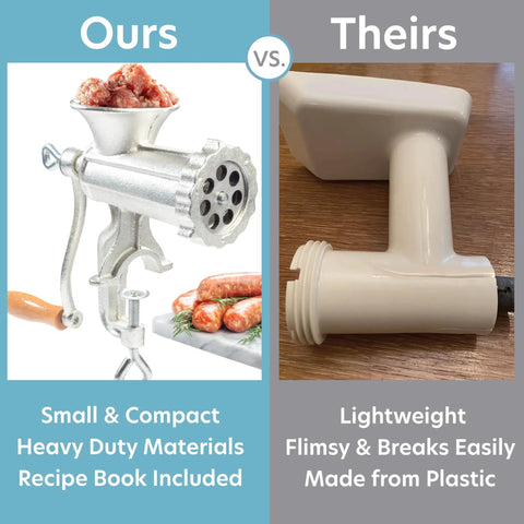 Comparison of Heavy Duty Cast Iron Meat Grinder With Tabletop Clamp And Two Cutting Disks versus plastic grinder