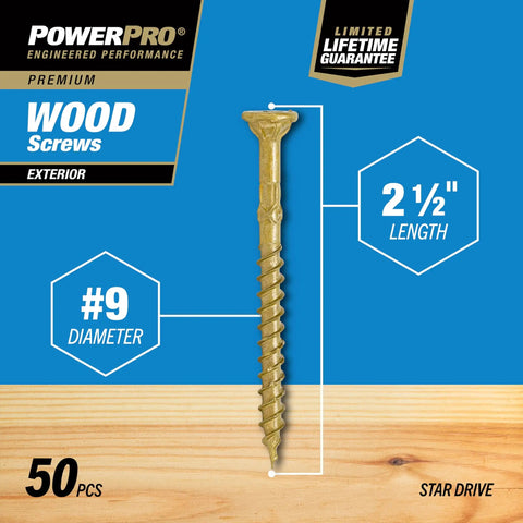 Premium Bronze Wood Screws Killer Grip And No Sweat Installation For Heavy Duty Decking And Outdoor Projects Rust Resistant Ceramic Coating Self Starting Tip Two Half Inch 50 Pack on a wood background with size and diameter markings.