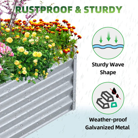 Raised Garden Bed 6x3x1 Foot Galvanized Metal Planter Box For Herbs Vegetables Flowers And Succulents In Silver Outdoor Tough Garden Bed With Ample Growing Space For Deep Rooted Plants And Porch Ready Design with flowers in rain showing sturdy wave shape and weather-proof galvanized metal.