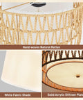 Straight Up Chic 13 Inch Gold Plug In Pendant Light With Super Smooth Rotary Dimmer Switch And Major Vibe Boho Rattan Fabric Hanging Lamp For Kitchen Dining Or Bedroom Spaces That Really Slap with hand-woven natural rattan and white fabric shade.