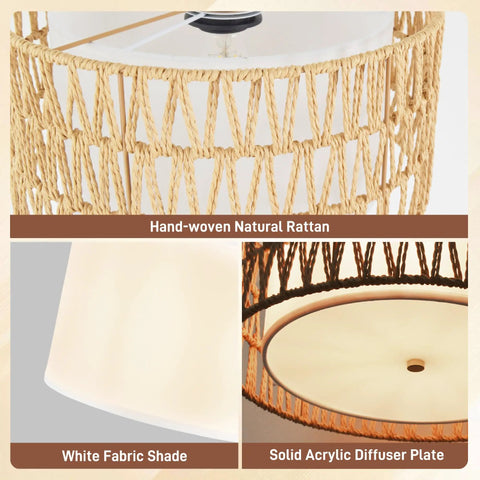 Straight Up Chic 13 Inch Gold Plug In Pendant Light With Super Smooth Rotary Dimmer Switch And Major Vibe Boho Rattan Fabric Hanging Lamp For Kitchen Dining Or Bedroom Spaces That Really Slap with hand-woven natural rattan and white fabric shade.