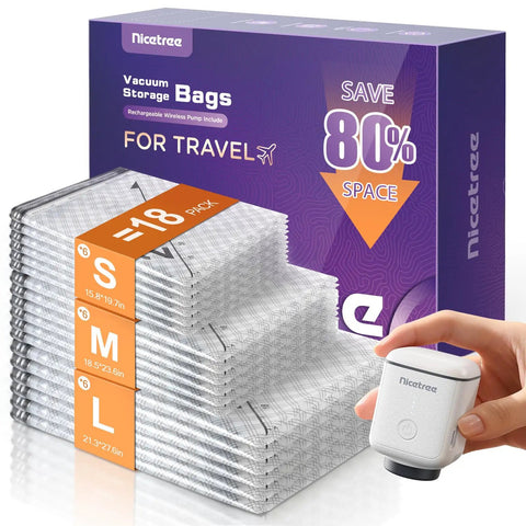 Cordless Travel Vacuum Seal Bags Set With Rechargeable Wireless Pump 18 Pack In 3 Sizes 20 24 28 Inch For Clothing Bedding Seasonal Storage Space Saver For Luggage Travel Hack, packaging and pump