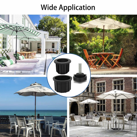 Image showing 3 Pcs Umbrella Base Stand Replacement Parts Kit With M8 Threaded Knobs And Hole Ring Caps Includes 1.95 Inch And 1.55 Inch Ring Sizes used in various outdoor settings.