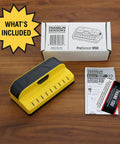 Nine Sensor Stud Finder And Wall Scanner, Pro Sensor M90, showing packaging, manual, and thank you note on wooden surface