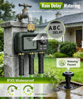 Brass Sprinkler Timer With Swivel 3 Outlet Go To Digital Irrigation System Kit displayed on stone wall in rain
