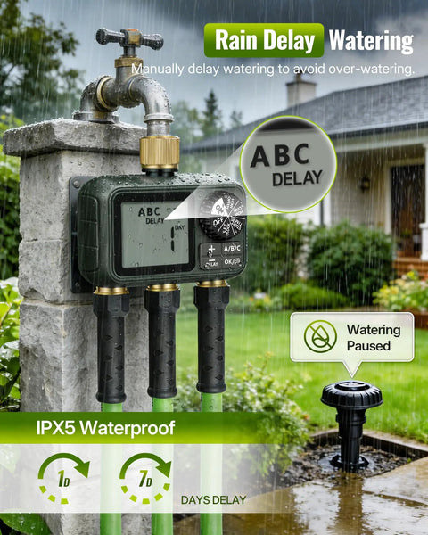 Brass Sprinkler Timer With Swivel 3 Outlet Go To Digital Irrigation System Kit displayed on stone wall in rain