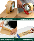 Ultra Strong Kraft Paper Packing Tape For Boxes And Cartons, Beast Mode Sealing For Shipping And Moving, Eco Friendly Biodegradable Painters Tape, 2 Inch Wide By 44 Yard Roll used in various applications like sealing boxes and labeling.