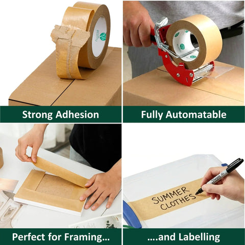 Ultra Strong Kraft Paper Packing Tape For Boxes And Cartons, Beast Mode Sealing For Shipping And Moving, Eco Friendly Biodegradable Painters Tape, 2 Inch Wide By 44 Yard Roll used in various applications like sealing boxes and labeling.