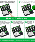 Illustration of calibration steps for Ultra Portable Micro Gram Scale for Jewelry Powder and Medicine 50g Capacity with 0.001g Readability.