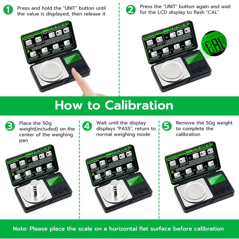 Illustration of calibration steps for Ultra Portable Micro Gram Scale for Jewelry Powder and Medicine 50g Capacity with 0.001g Readability.