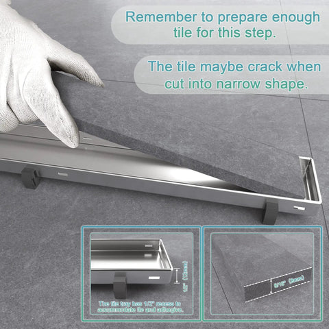 Hand placing tile on 24 Inch Linear Shower Drain With Tile Insert Grate And Hair Strainer, Includes PVC Base And Adjustable Leveling Feet, Brushed 304 Stainless Finish, High Flow 36 LPM, Rectangle Floor Drain For Easy Tile Install