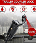 Heavy Duty Trailer Hitch Lock Pin One Quarter Inch Diameter Two And One Half Inch Long For Truck Car Boat RV Fits Class III And IV Hitches Anti Theft Towing Lock With Easy Install And Durable Steel Construction, watertight dust cap visible, product features displayed in icons.