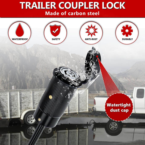 Heavy Duty Trailer Hitch Lock Pin One Quarter Inch Diameter Two And One Half Inch Long For Truck Car Boat RV Fits Class III And IV Hitches Anti Theft Towing Lock With Easy Install And Durable Steel Construction, watertight dust cap visible, product features displayed in icons.