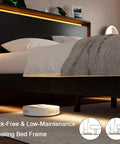 Sick Queen Floating Bed Frame With LED Lights And DC Charging Ports, Hidden Toe Guard Base, Built In Storage Headboard, Silent Noise Free Platform Sleeper, Quick Setup For Chill Bedroom Vibes, Matte Black, showing headboard with light.