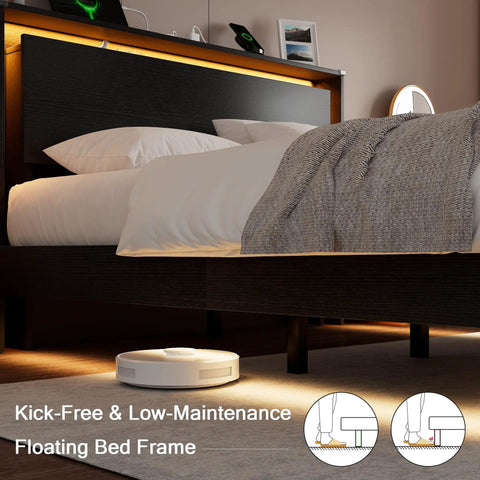 Sick Queen Floating Bed Frame With LED Lights And DC Charging Ports, Hidden Toe Guard Base, Built In Storage Headboard, Silent Noise Free Platform Sleeper, Quick Setup For Chill Bedroom Vibes, Matte Black, showing headboard with light.