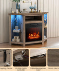 Corner Electric Fireplace TV Stand With Heater And LED Lights in gray finish, with shelves, app-controlled, displaying a cozy media setup.