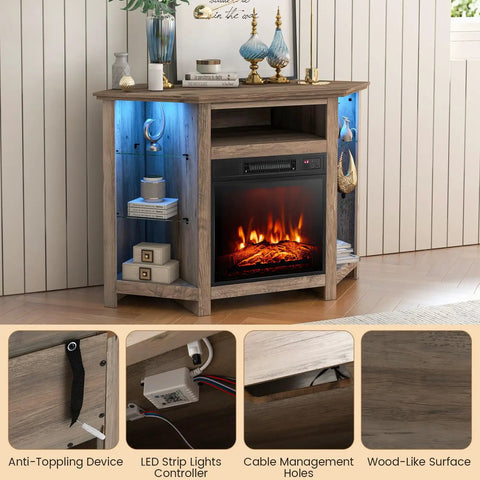 Corner Electric Fireplace TV Stand With Heater And LED Lights in gray finish, with shelves, app-controlled, displaying a cozy media setup.