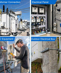 Collage showing transformer, electrical panel, HVAC equipment, and outdoor box with Three Eighths Inch NPT Cable Glands IP68 connectors.