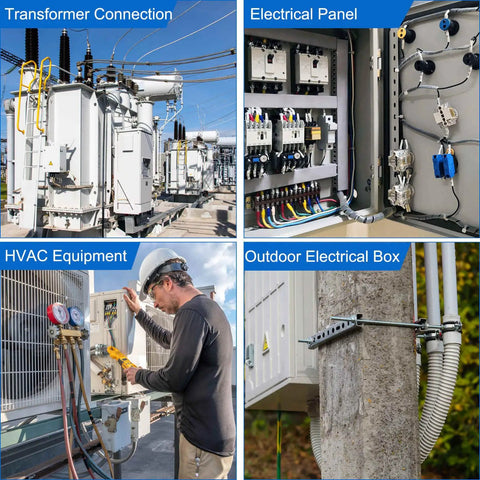 Collage showing transformer, electrical panel, HVAC equipment, and outdoor box with Three Eighths Inch NPT Cable Glands IP68 connectors.
