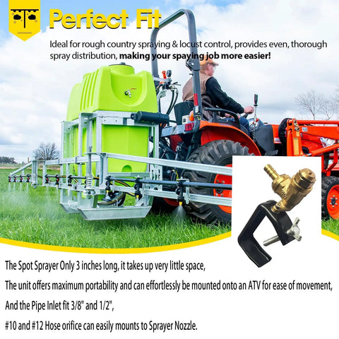 Boomless Spray Nozzle For ATV Sprayers With Brass Orifices 10 And 12, close-up on field sprayer setup, 3 inch unit, lawn and farm use.