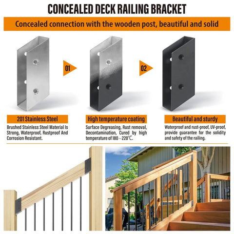 Heavy Duty Stainless Steel Deck Railing Brackets And Connectors For Standard 2X4 Wood Posts Adjustable Stair Angle Mounts with black and silver finishes.