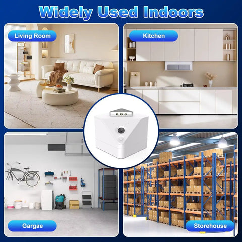 Plug In Ultrasonic Pest Repeller Indoor For Mice And Rats, 360 Degree Coverage Up To 1400 Sq Ft, shown in living room, kitchen, garage, storehouse