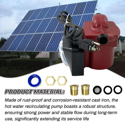 Heavy Duty Hot Water Circulator Pump Fractional Drive with cast iron body, 115V, shown with solar panels.