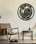 Custom Train Name Metal Wall Art With EST Year Vintage Steam Locomotive Sign on a wall in farmhouse style room