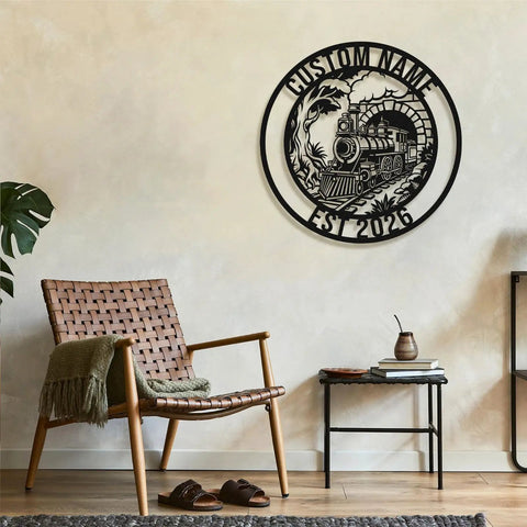 Custom Train Name Metal Wall Art With EST Year Vintage Steam Locomotive Sign on a wall in farmhouse style room