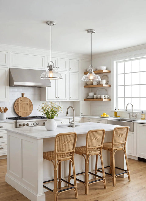 kudos 11 Inch Brushed Nickel Clear Striped Pendant Light, KDPL13-BN-C above a kitchen island with modern decor.